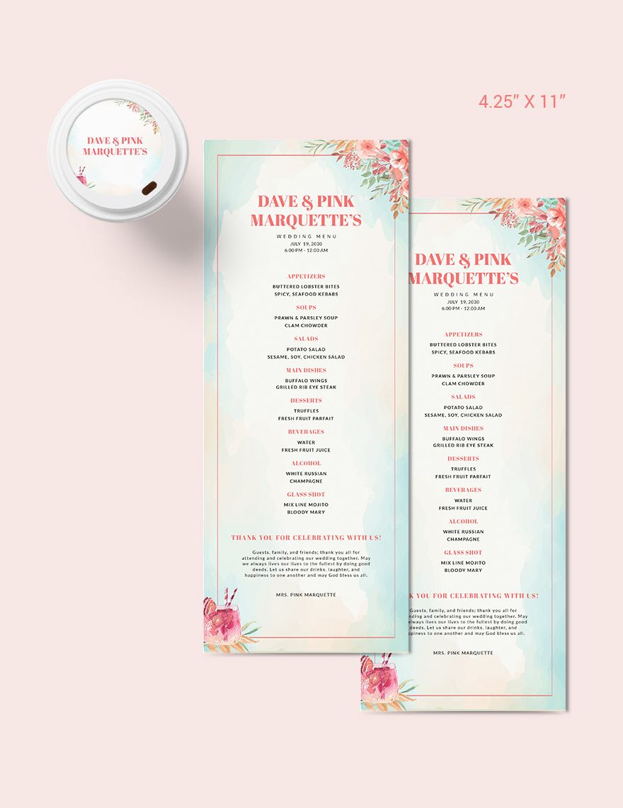 Cocktail wedding menu template in psd, publisher, word, pages