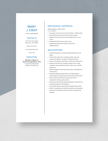 As you build your mechanical engineering skills, build your resume as well. FPGA Engineer Resume/CV Template - Word | Apple Pages