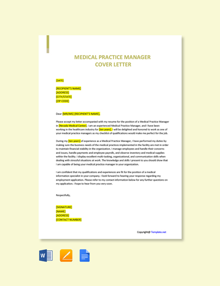 In order to stand out companies want you to present your relevant work&nbsp;. Free Medical Practice Manager Cover Letter Template Google Docs Word Apple Pages Template Net