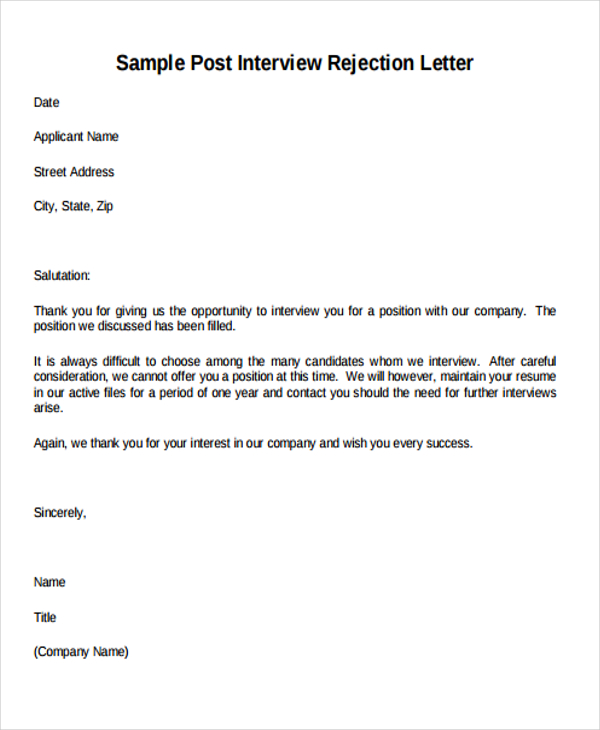 9 Professional Rejection Letter Free Sample Example Format Download Free Premium Templates