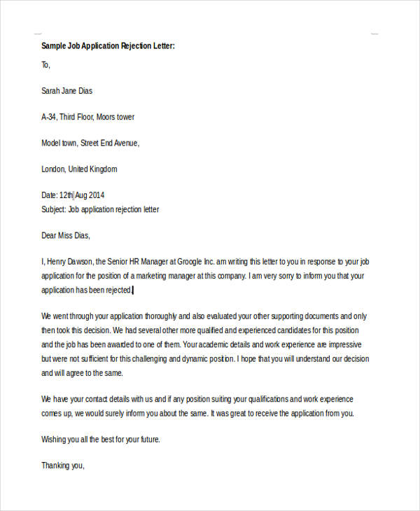 10 Standard Rejection Letter Sample Example Free Premium Templates