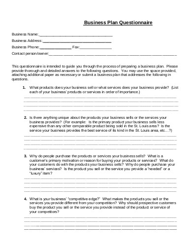 9 Business Plan Questionnaire Templates In Pdf Ms Word Free Premium Templates