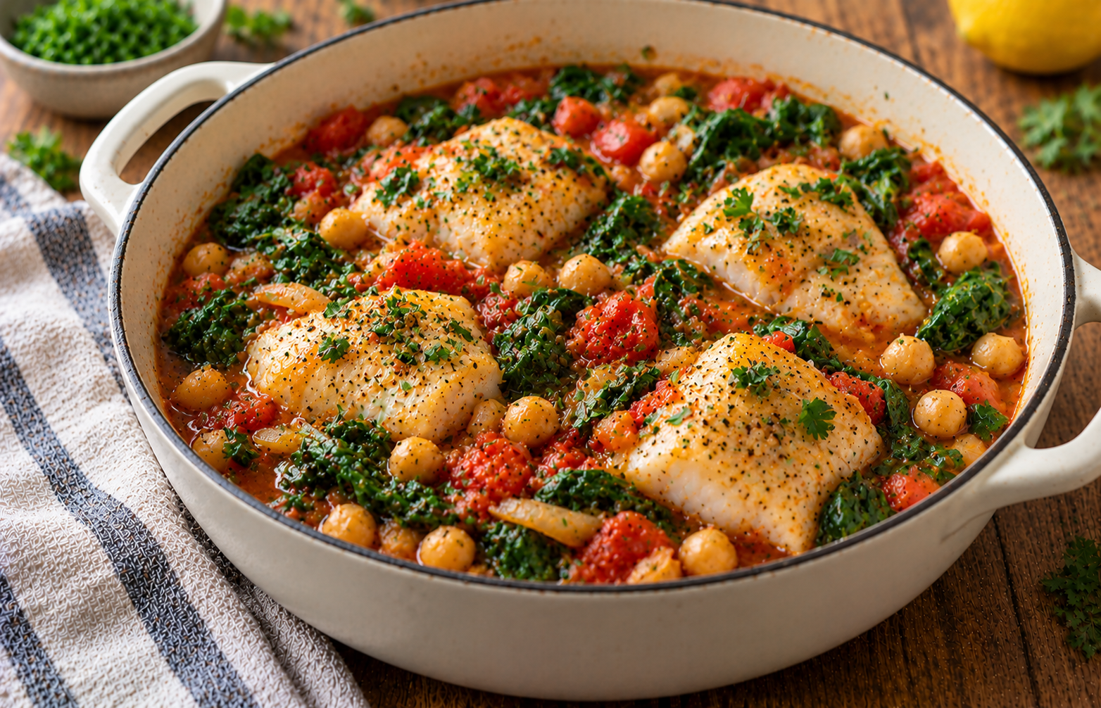Cod, Chickpea & Spinach Stew