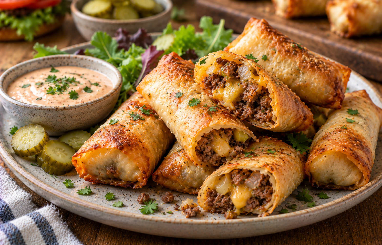 Baked Cheeseburger Spring Rolls