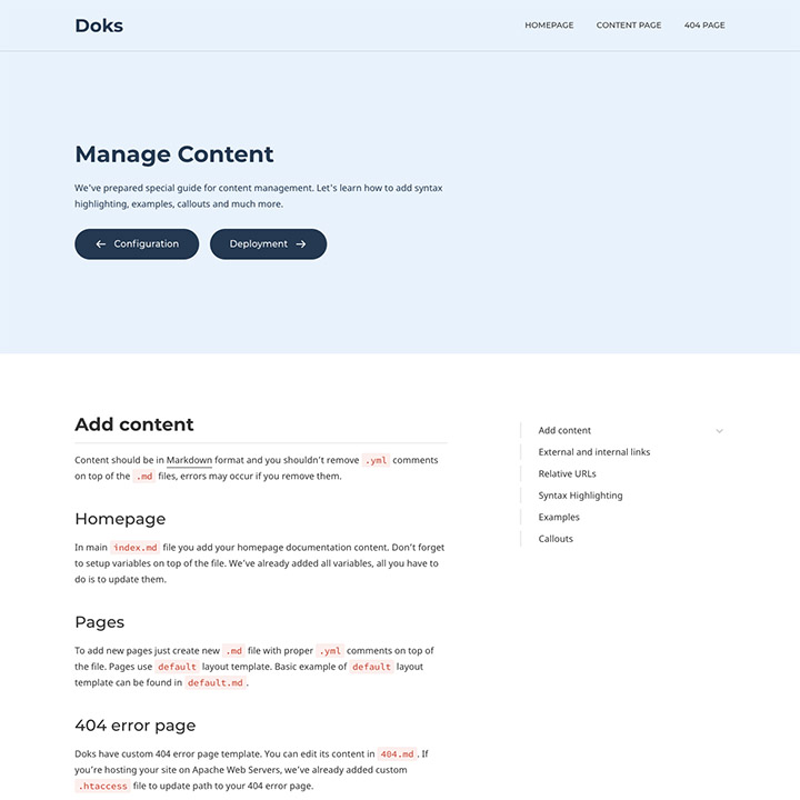 Doks theme blue manage content page preview image