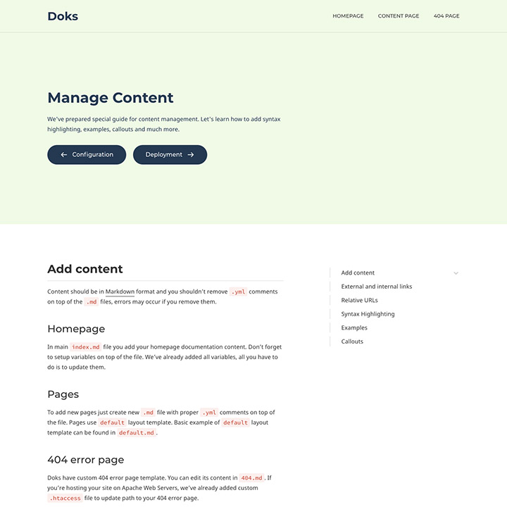 Doks theme green manage content page preview image