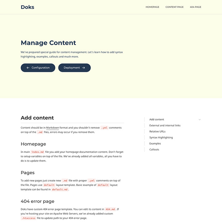 Doks theme yellow manage content page preview image