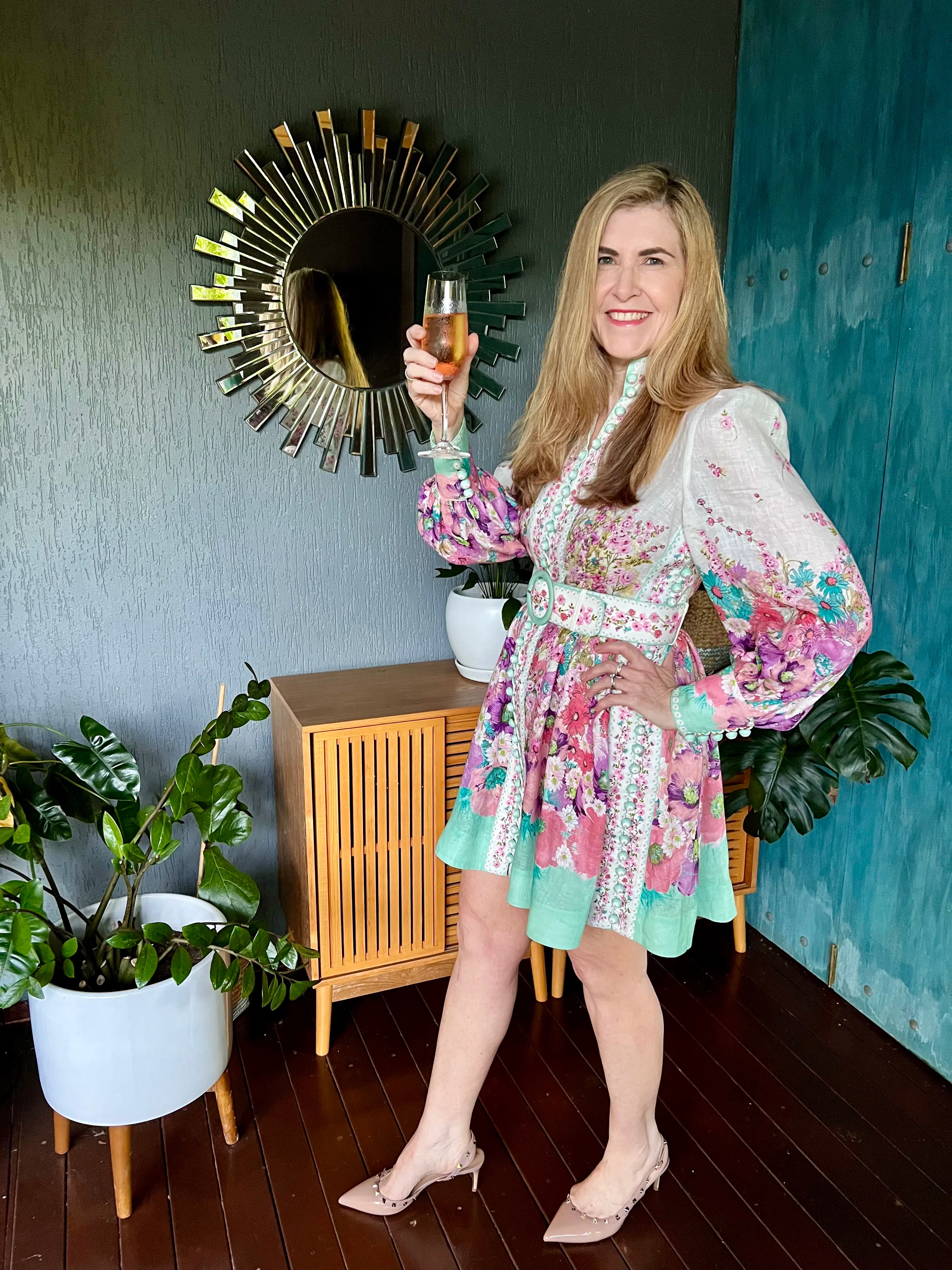 Zimmermann jude buttoned mini dress in aqua gradient floral print size