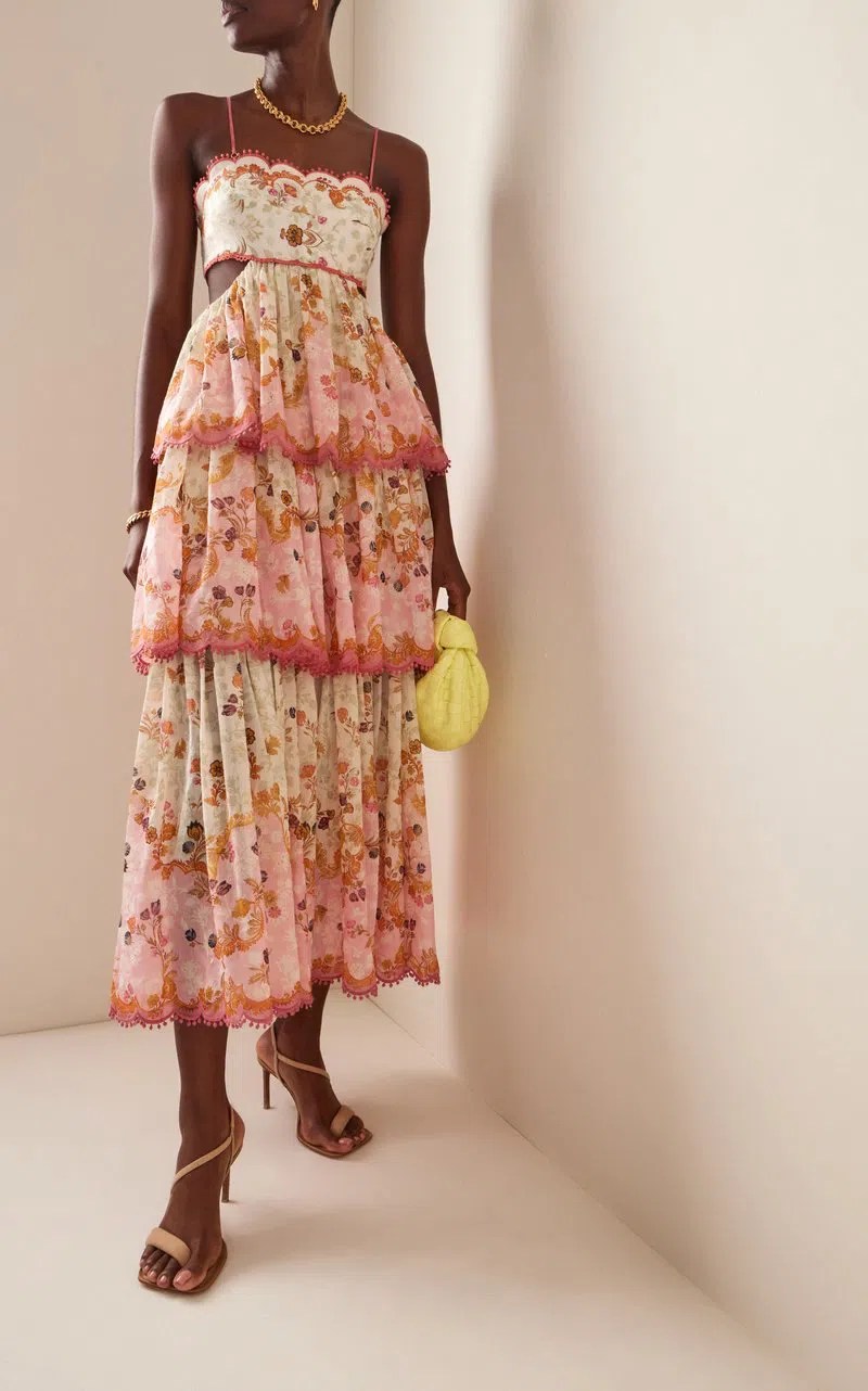 Zimmermann laurel frill midi dress floral pink size 2 / au 12