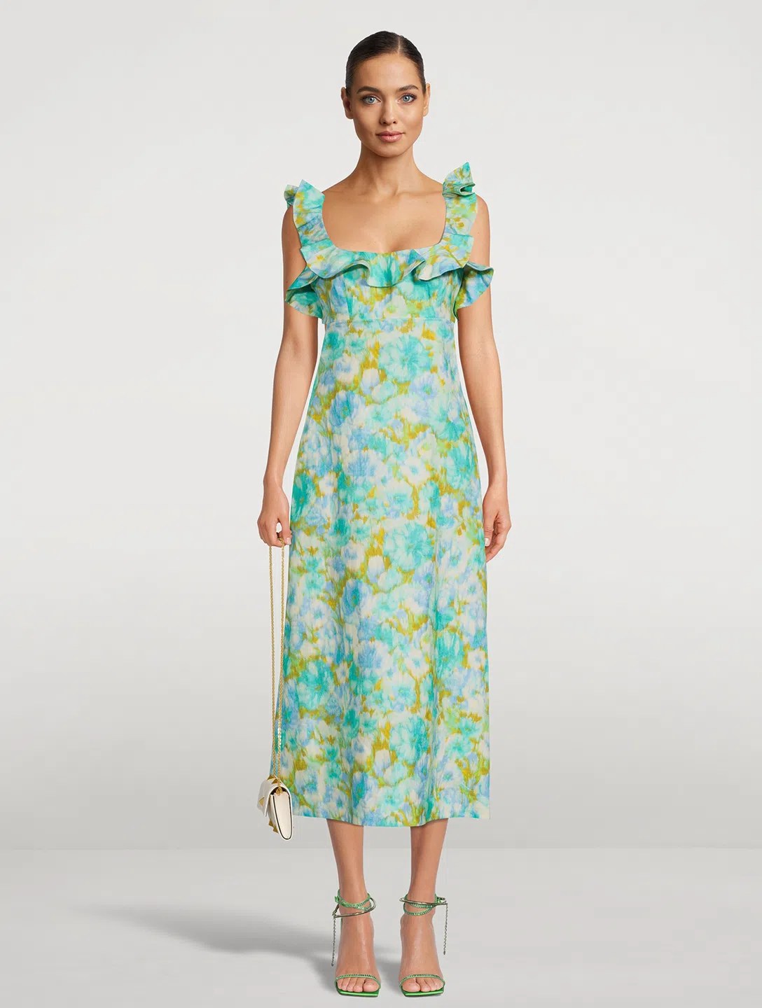Zimmermann aqua ikat floral frilled high tide midi dress size 2/au 12