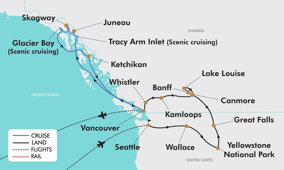 Yellowstone Alaska Canada 2026 Tour Package TripADeal 5767 Yellowstone Alaska And Canada MAP 