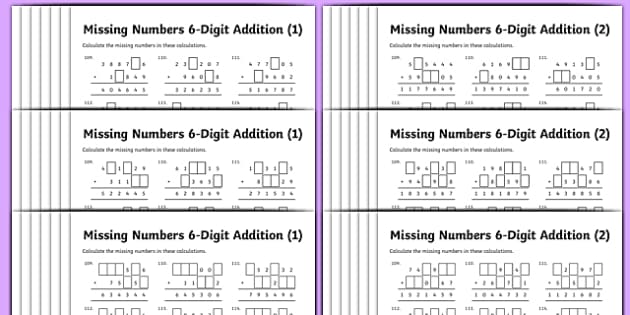 addition 6 digit missing numbers differentiated activity sheet