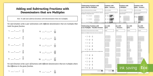 year 5 adding and subtracting fractions with denominators that