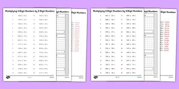 multiplying 4 and 3 digit numbers by 2 digit numbers worksheet worksheet