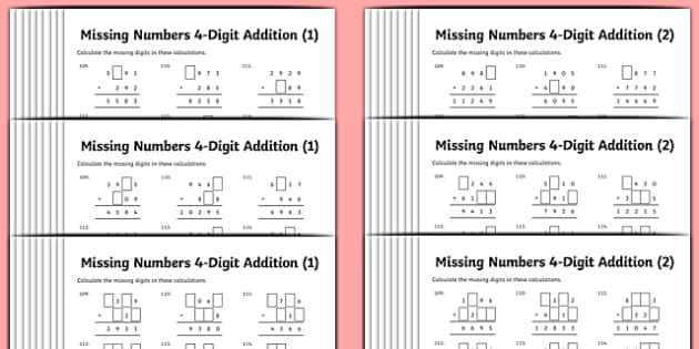 addition 4 digit missing numbers differentiated activity sheet