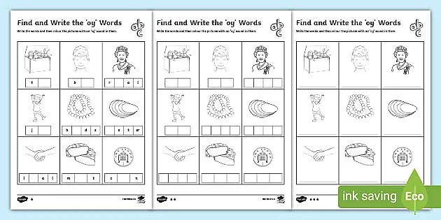 Write the word under the picture. Find And Write The Oy Words Ks1 Differentiated Worksheet
