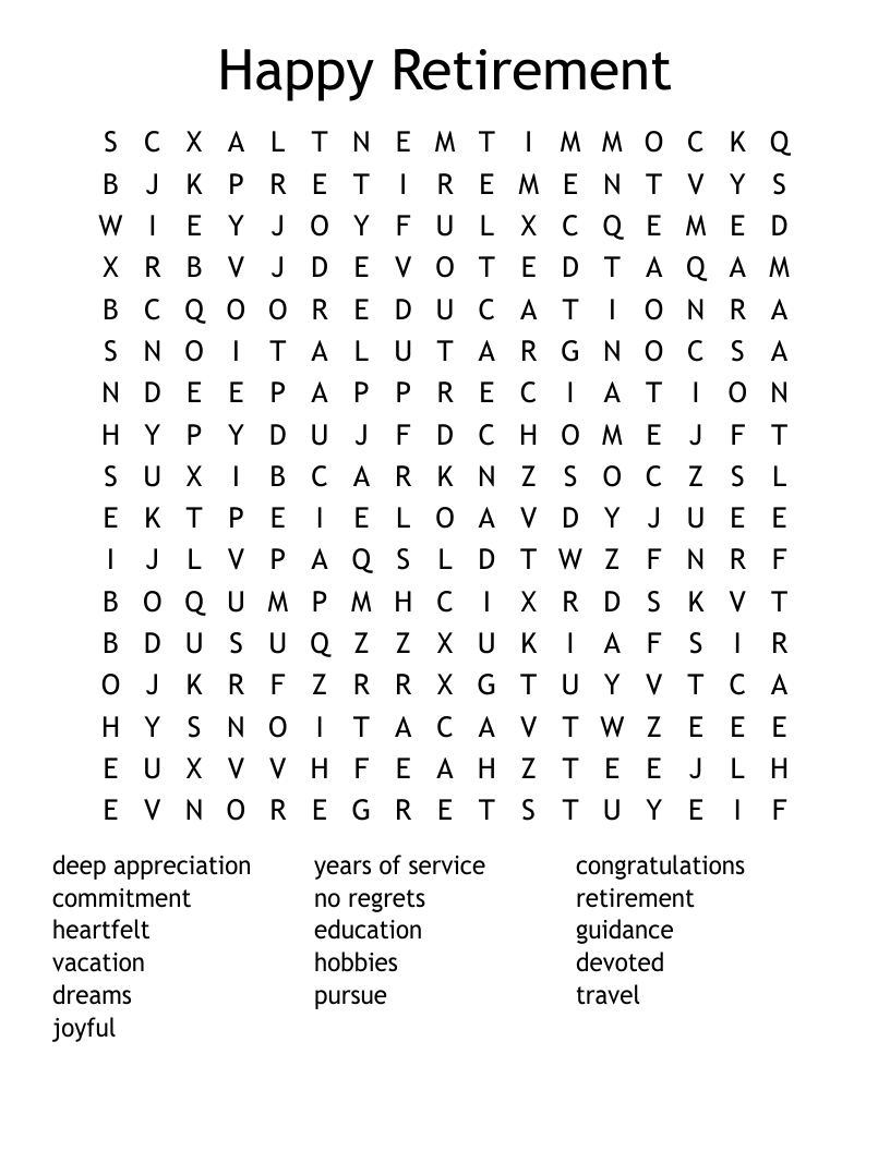 happy retirement word search wordmint