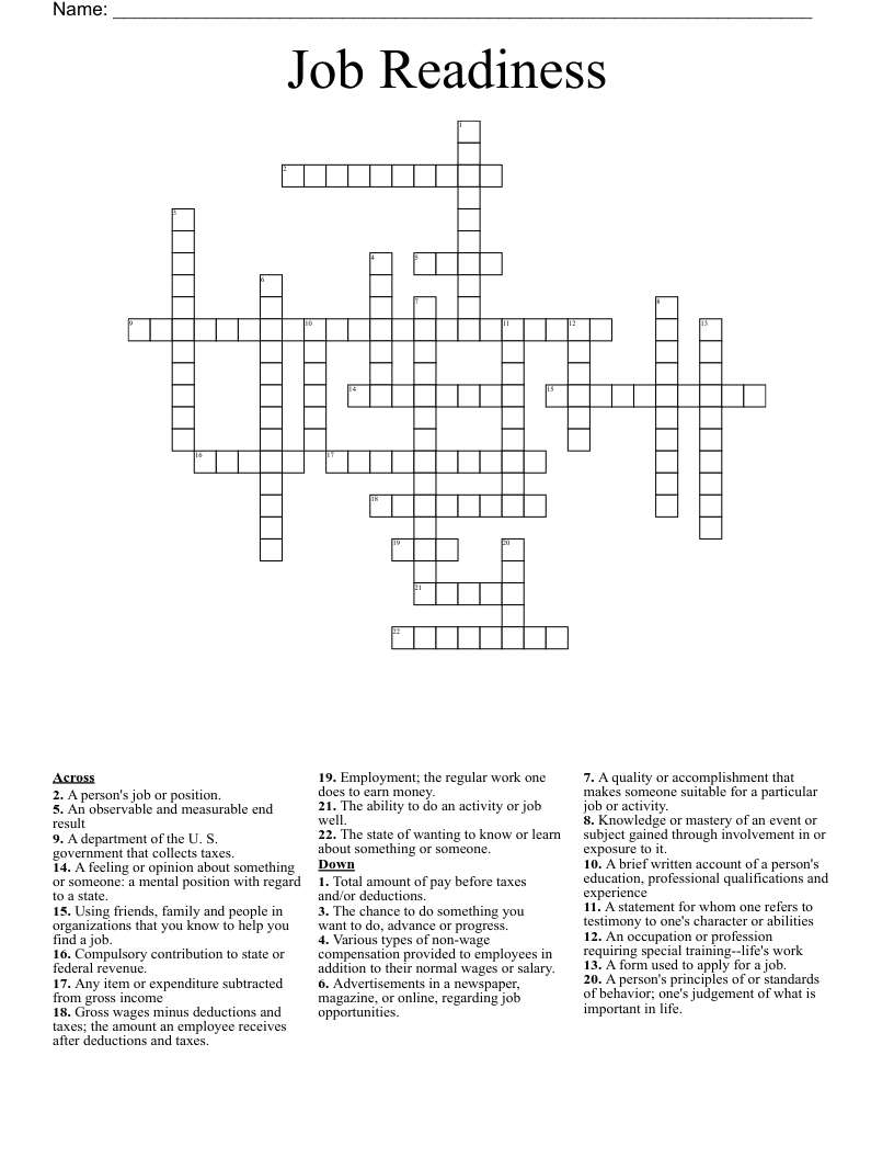 Employment and career readiness workplace behaviors crossword puzzle