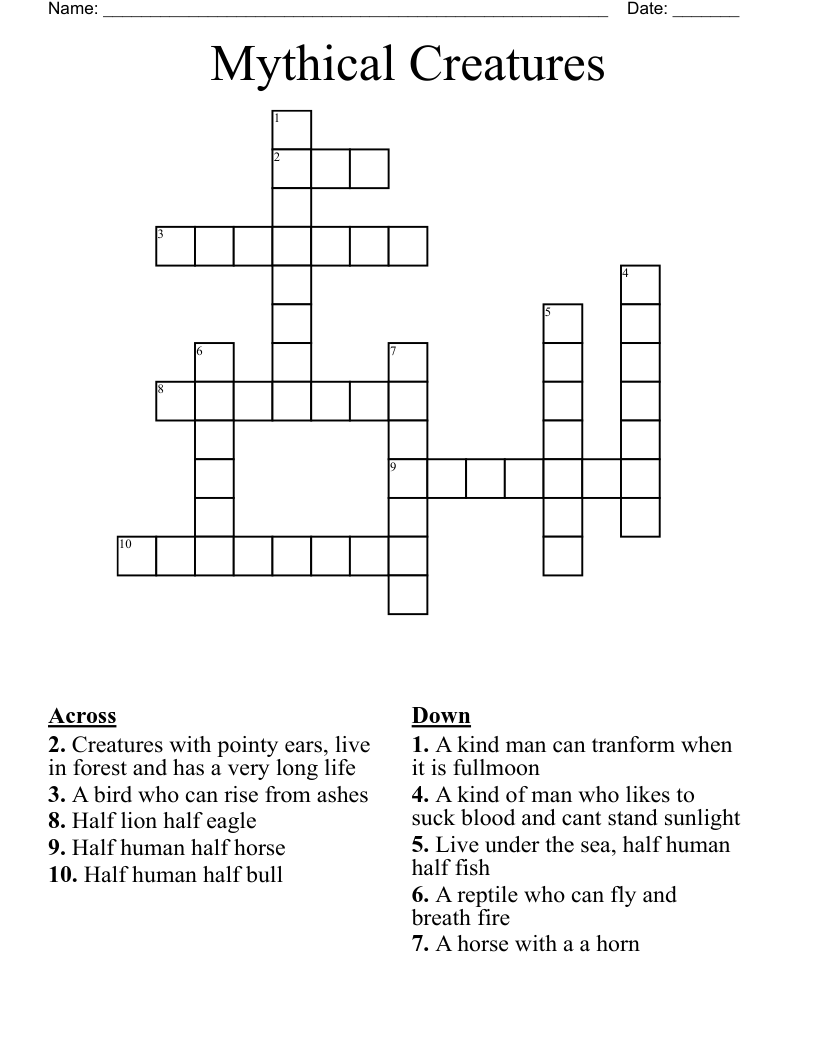 Mythical Creatures Crossword Wordmint