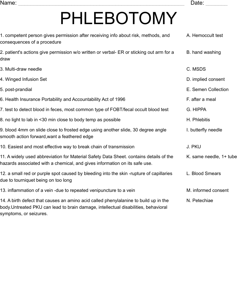 Phlebotomy safety worksheets