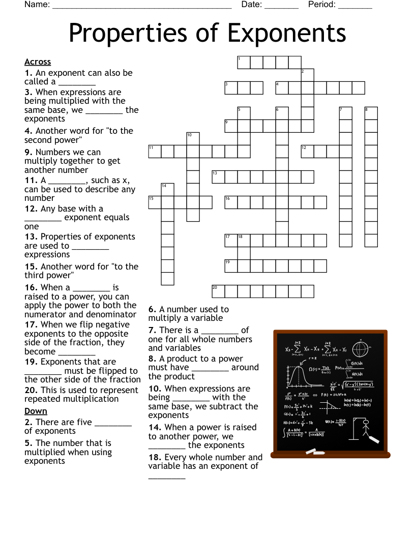 Puzzles are a fun way to pass the time whether on a rainy day or as a family project. Properties Of Exponents Crossword Wordmint