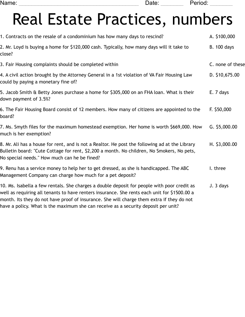 Real estate practices, numbers worksheet