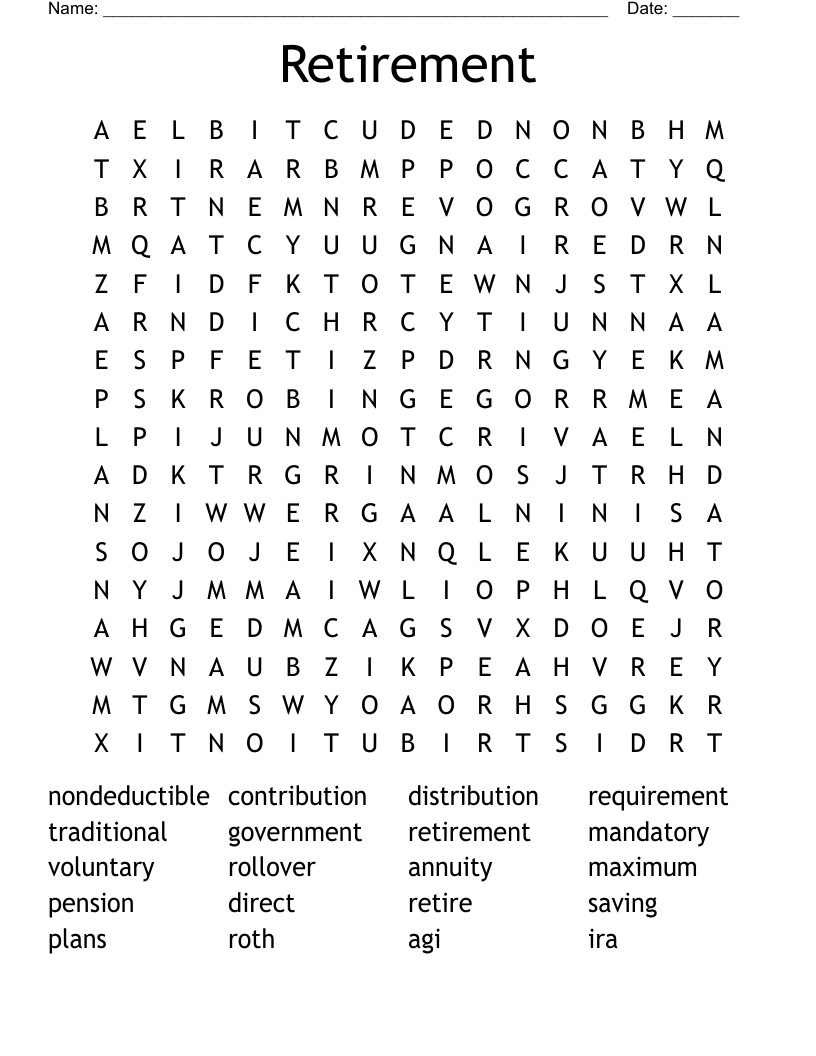 Retirement & pension crosswords, word searches, bingo cards