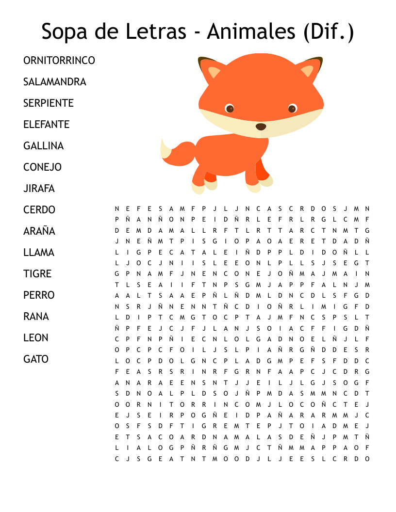 Sopa de letras de animales