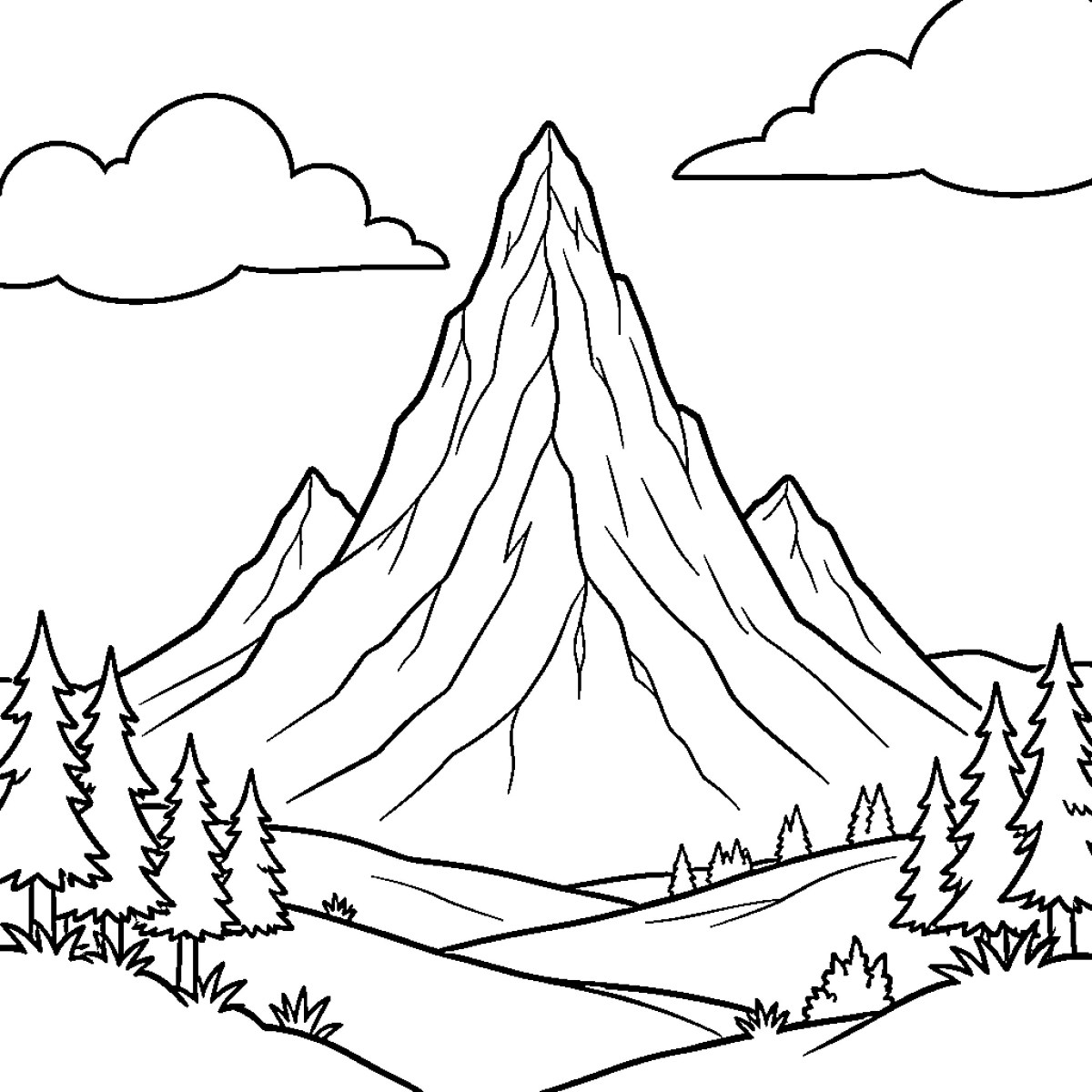 Mountain peaks rising above a forest landscape Coloring Page (free black-and-white line drawing printable PDF for all, from beginners to advanced learners, including children, teens, adults, and seniors)