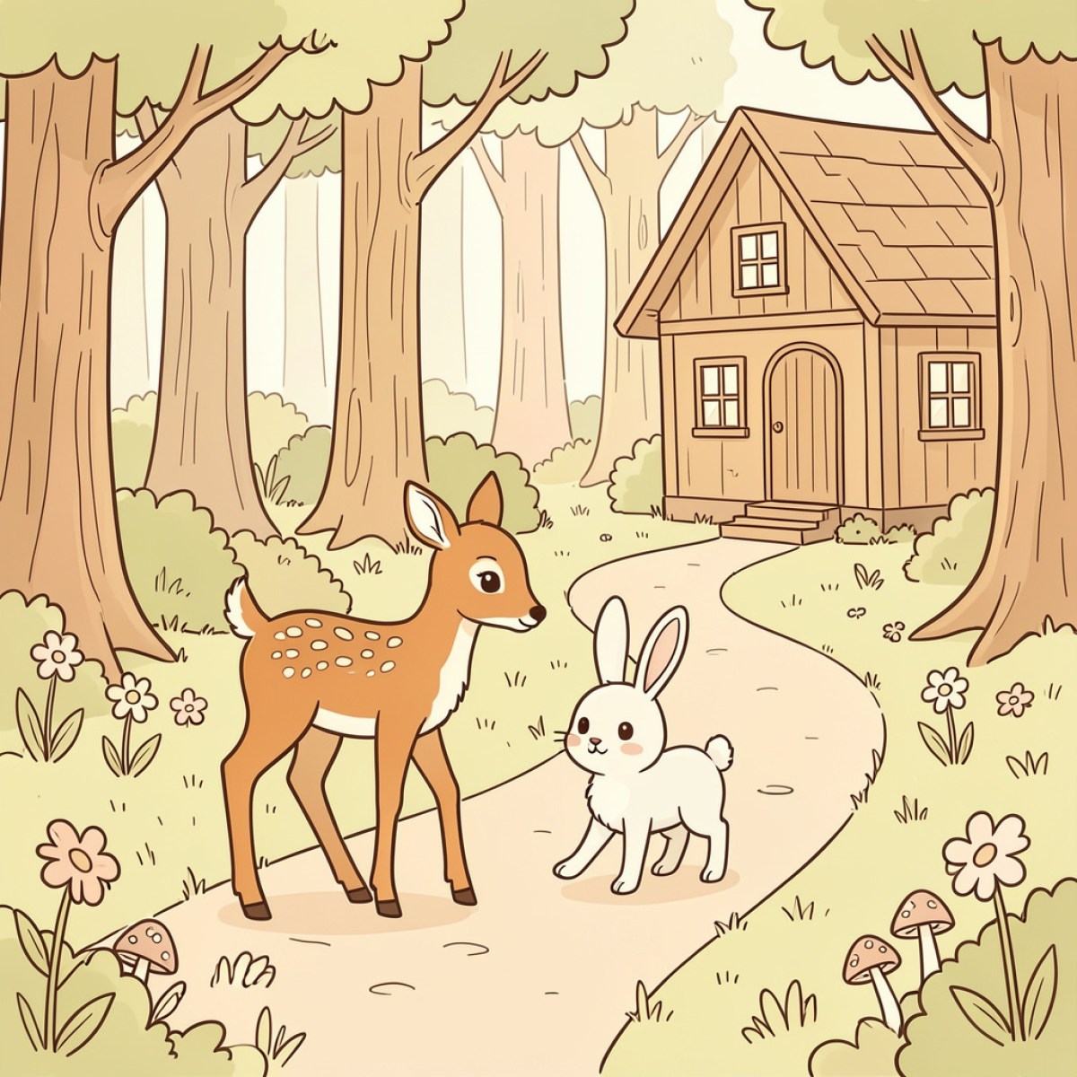Easy Deer and bunny walking on a forest path Drawing Idea (free black-and-white line drawing printable PDF for all, from beginners to advanced learners, including children, teens, adults, and seniors)