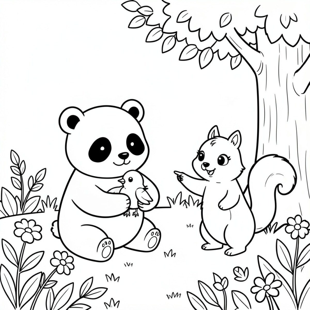 Easy Panda sharing a moment with a squirrel and bird Drawing Idea (free black-and-white line drawing printable PDF for all, from beginners to advanced learners, including children, teens, adults, and seniors)