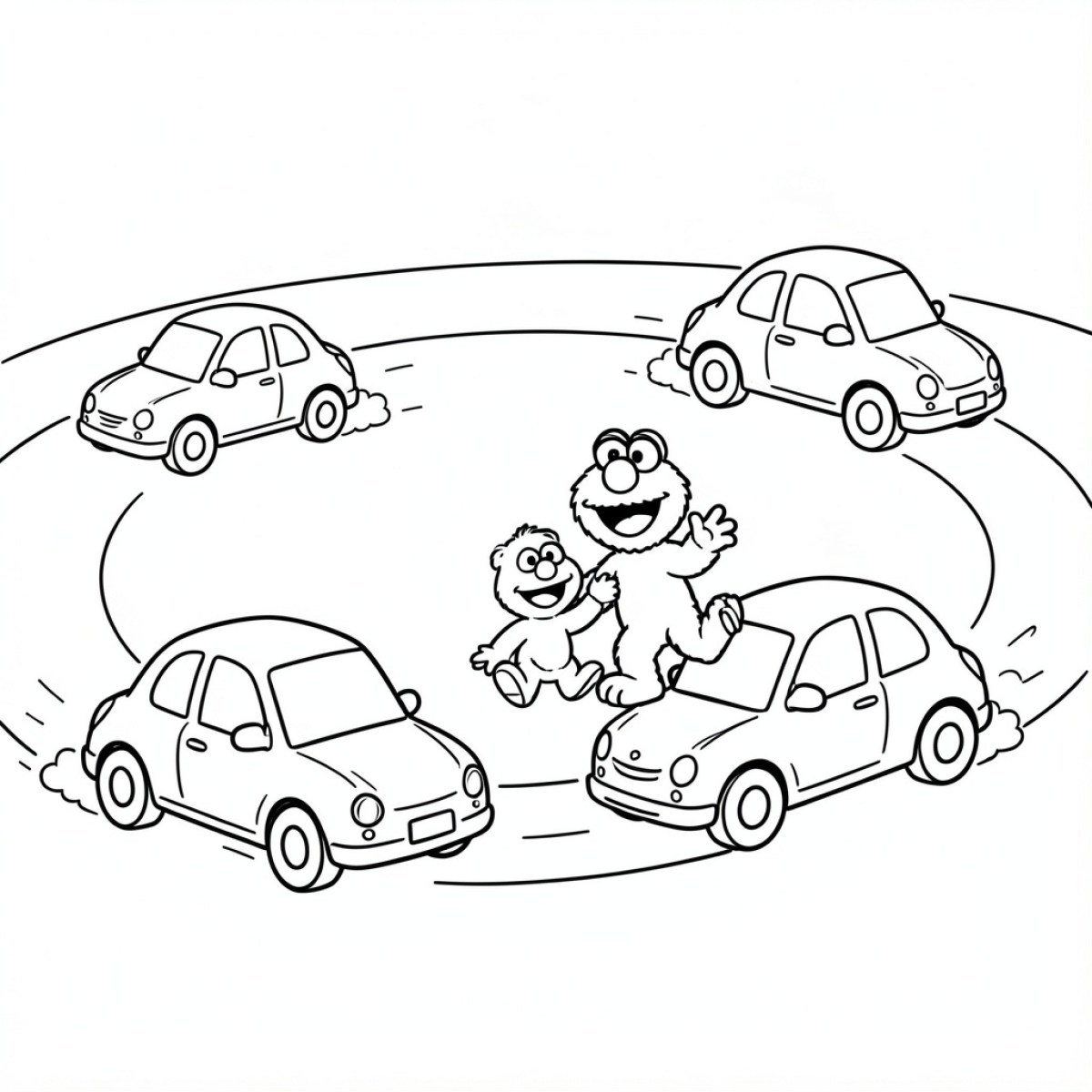 Easy Car driving in circles with happy characters Drawing Idea (free black-and-white line drawing printable PDF for all, from beginners to advanced learners, including children, teens, adults, and seniors)