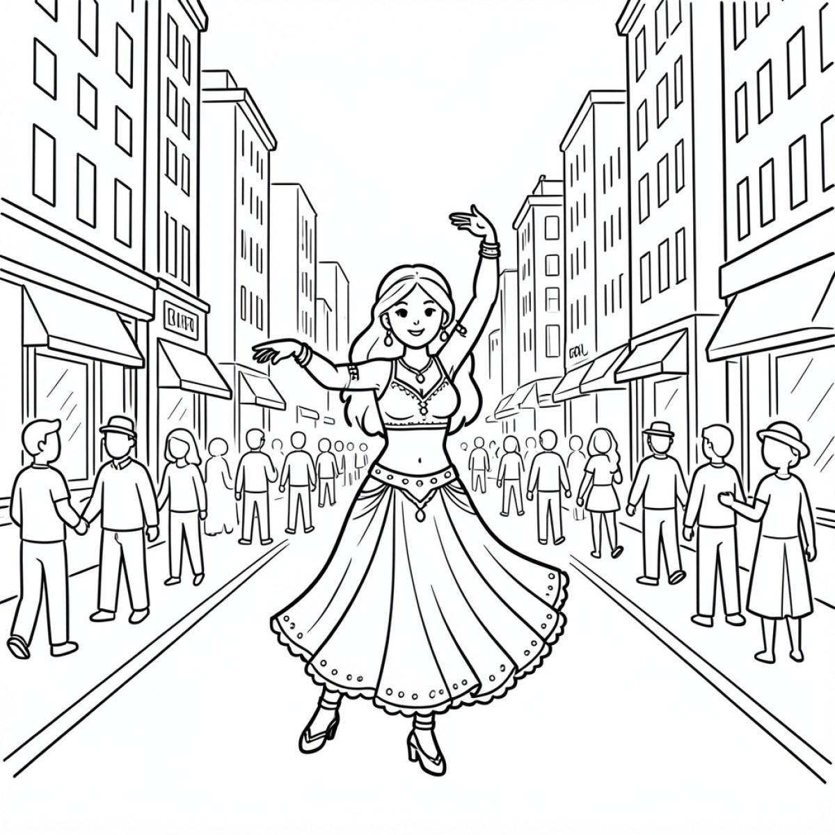Easy Belly Dancer performing on a busy city street Drawing Idea (free black-and-white line drawing printable PDF for all, from beginners to advanced learners, including children, teens, adults, and seniors)