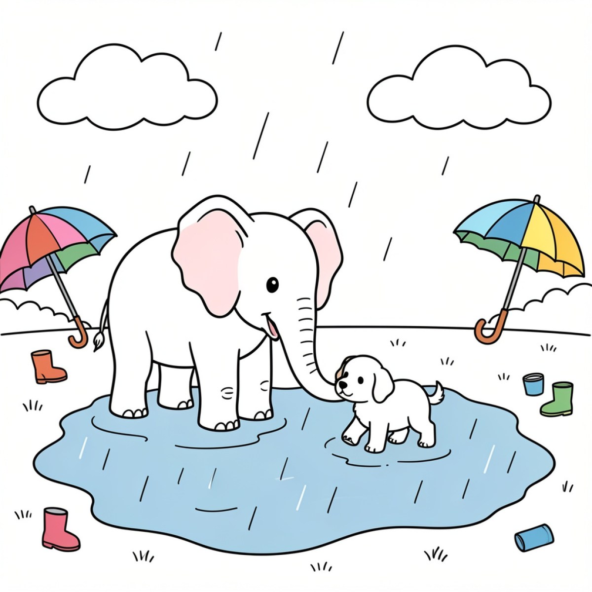 Easy Elephant and puppy playing in a puddle Drawing Idea (free black-and-white line drawing printable PDF for all, from beginners to advanced learners, including children, teens, adults, and seniors)