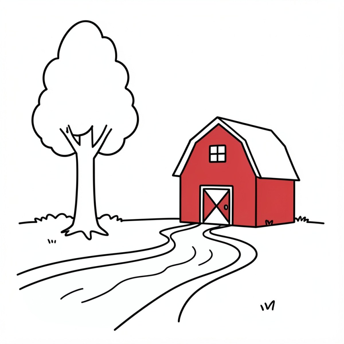 Easy Barn standing near a large tree Drawing Idea (free black-and-white line drawing printable PDF for all, from beginners to advanced learners, including children, teens, adults, and seniors)