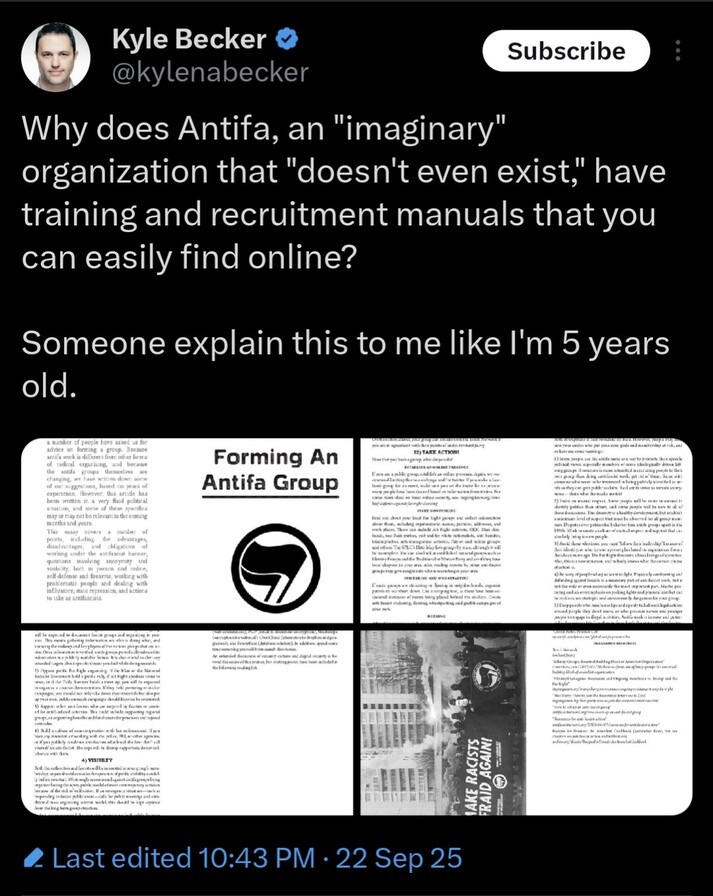 ﻿Kyle Becker Subscribe @kylenabecker Why does Antifa, an “imaginary” organization that “doesn’t even exist” have training and recruitment manuals that you can easily find online? Someone this to me like Im 5 years old. Forming An Antifa Group 0 32 Last edited 10.43 PM 22 25 explain Sep