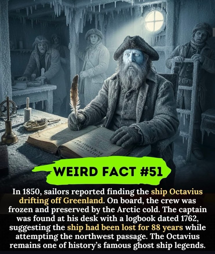 ﻿WEIRD FACT #51 In 1850, sailors reported finding the ship Octavius drifting off Greenland. On board; the crew was frozen and preserved by the Arctic cold  The captain was found at his desk with a logbook dated 1762, suggesting the ship had been lost for 88 years while attempting the northwest passage. The Octavius remains one of history’s famous ghost ship legends: 0″