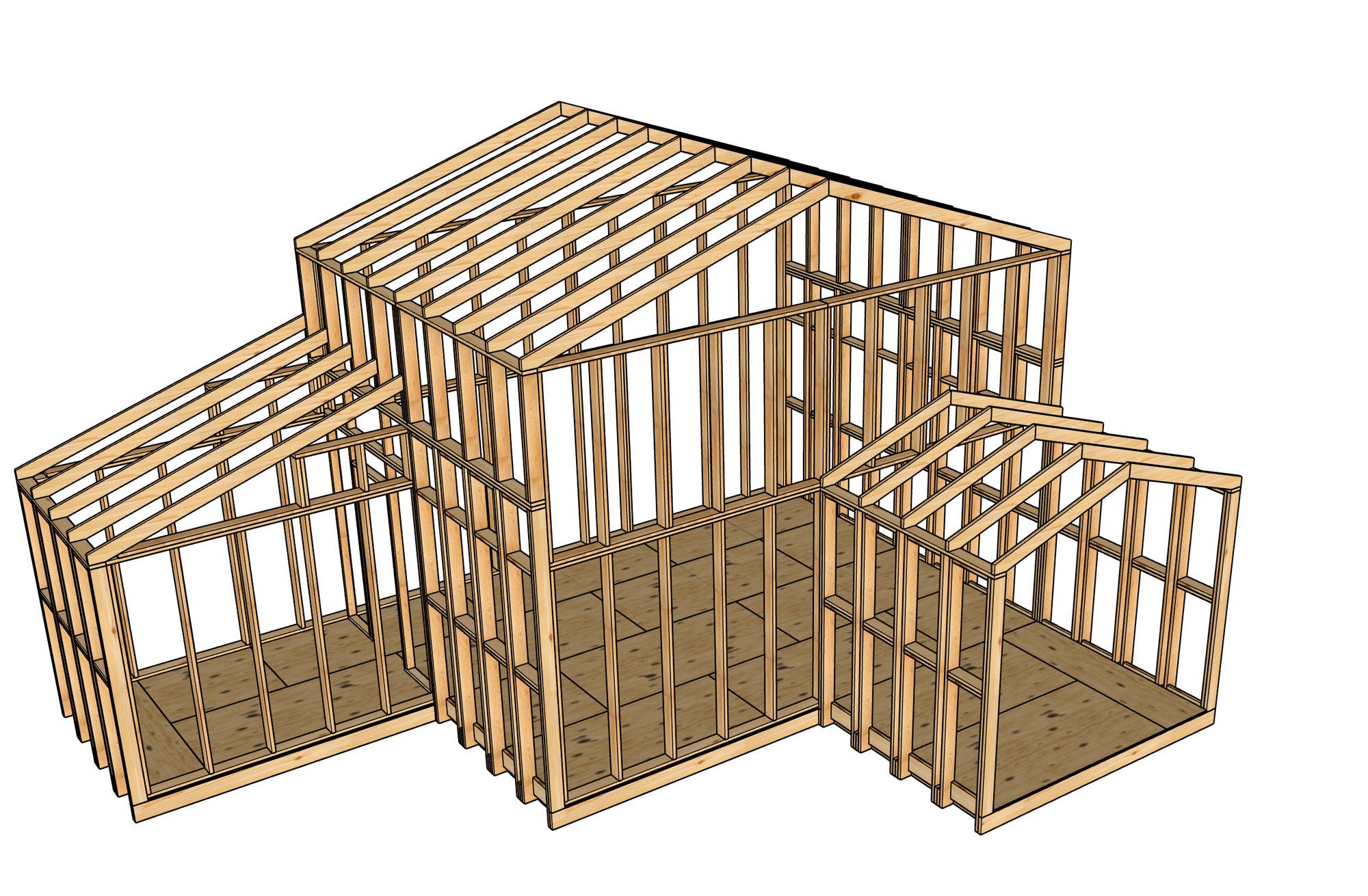 Modular cabin frame built from indexed floor modules, wall modules, and roof joists