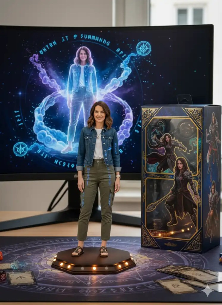 "Create a 1/6 scale commercialized figurine of the characters in the picture, infused with fantasy elements like subtle glowing runes on their clothing, in a hyper-realistic style, set in a mystical forest clearing environment. The figurine stands on an octagonal wooden base with embedded LED lights for a soft glow, no text visible. The computer desk scene shows a magical 3D summoning ritual on the screen, modeling this figurine with ethereal effects. Beside the screen is an ornate toy packaging box in the style of premium fantasy collectibles, adorned with holographic foil and featuring intricate two-dimensional illustrations of the characters in epic poses."