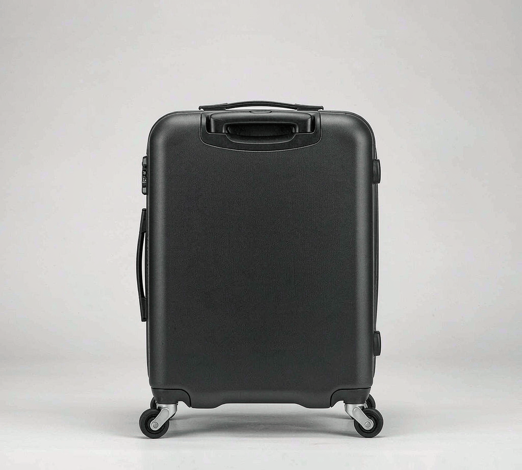 Black 20-inch hardshell carry-on suitcase with four spinner wheels, top handle, shown on a plain background