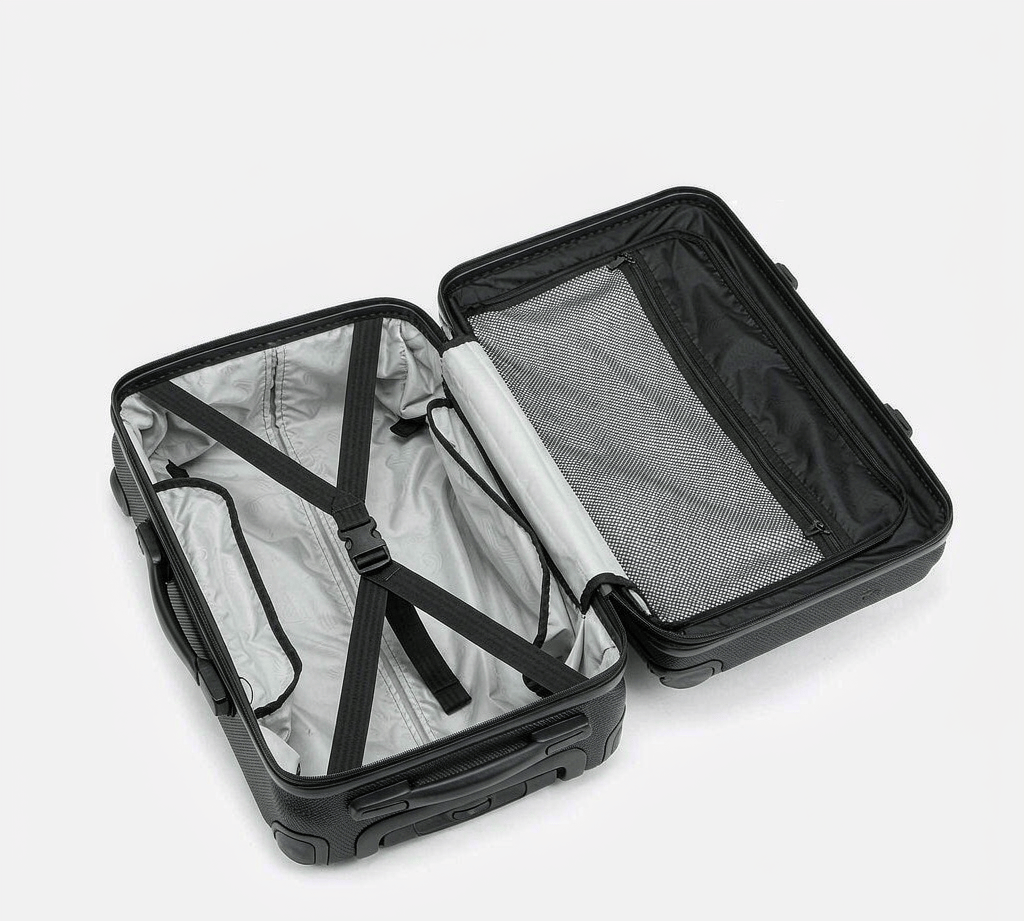Open 20-inch hardshell carry-on suitcase showing two crossed internal compression straps and a mesh divider