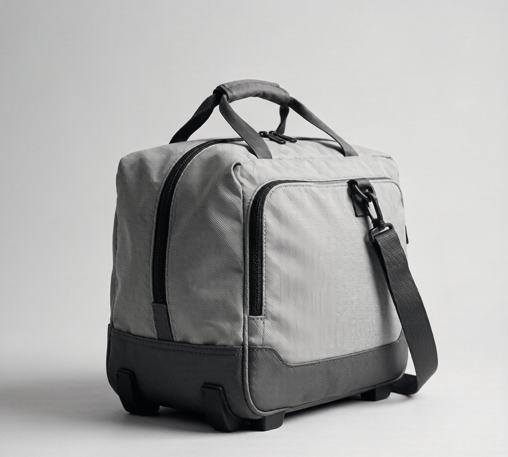 Reinforced duffel bag base with rubber feet and a protective bottom panel