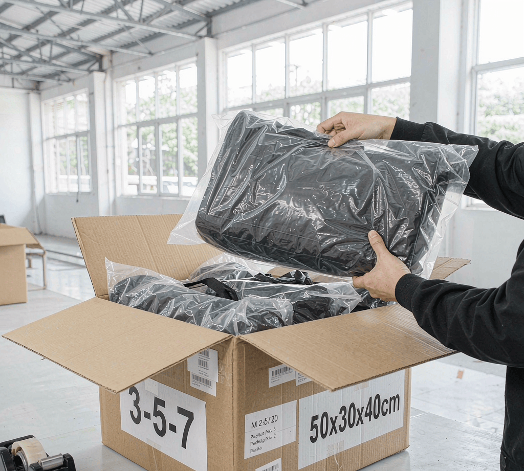 Finished duffel bags sealed in clear polybags being packed into an open corrugated export carton on a factory packing bench