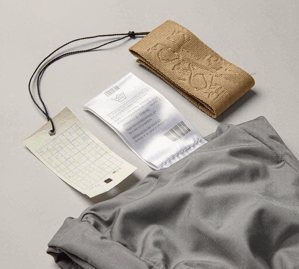 White satin care label with a printed barcode, a paper retail hangtag, and a woven brand label beside a folded nylon backpack panel