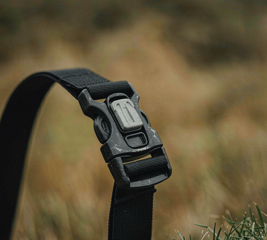 Side-release buckle clipped onto nylon webbing strap