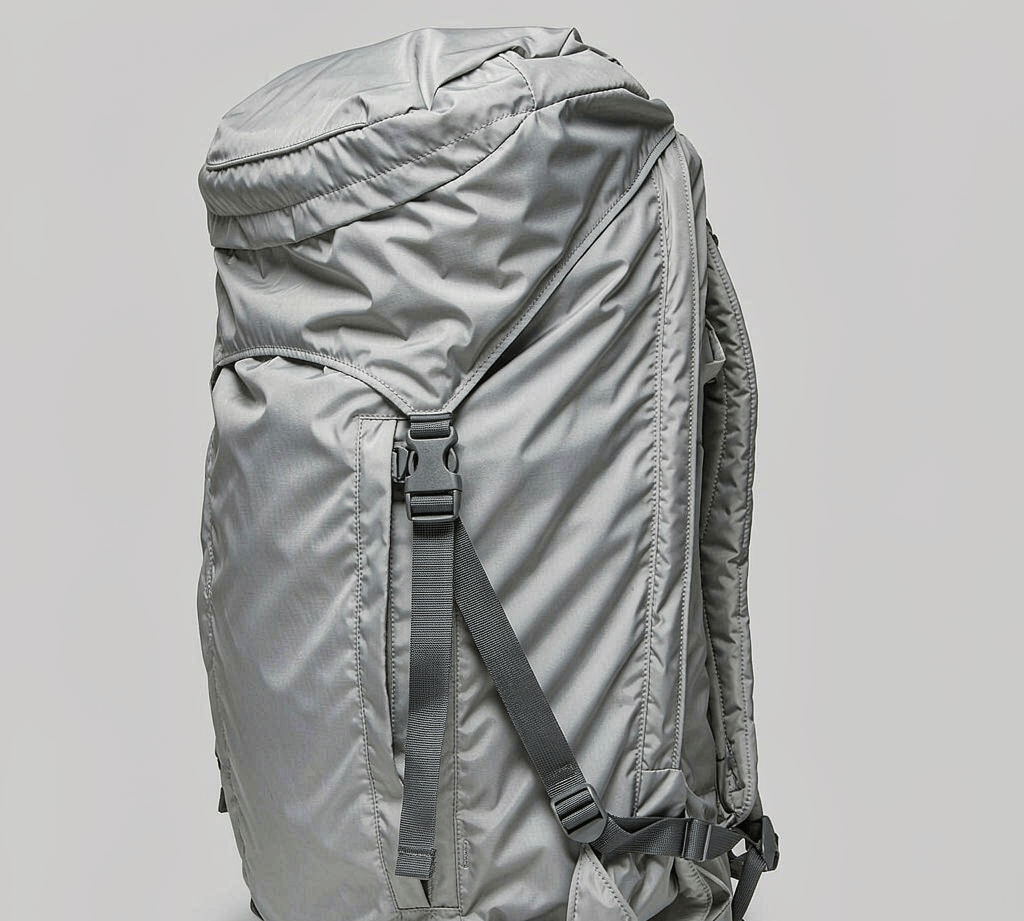 Travel backpack shown in side profile with side compression straps and ladder-lock buckles cinching the main compartment