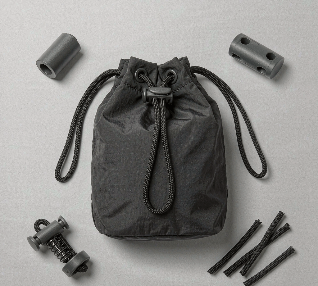 Bag drawcord cinch closure with a plastic barrel cord lock and woven drawstring cord.