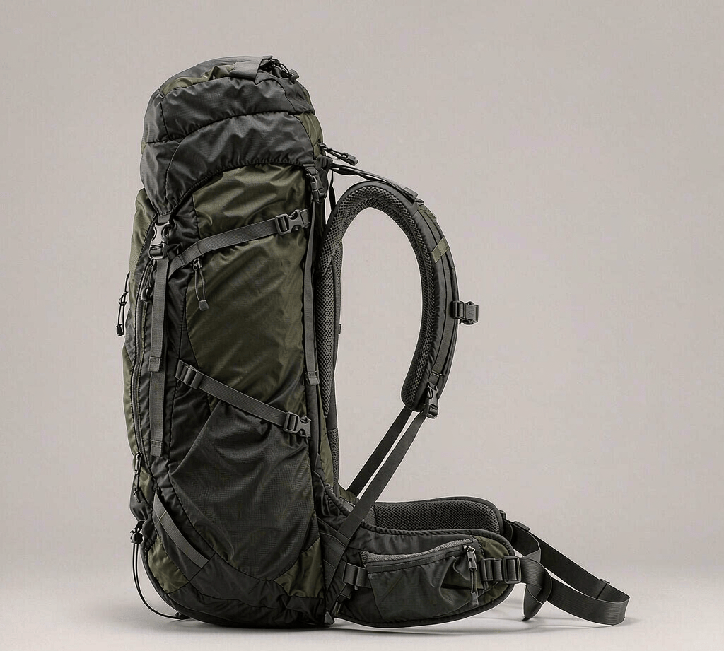 Side view of an outdoor backpack with a thick padded hip belt buckled at the waist
