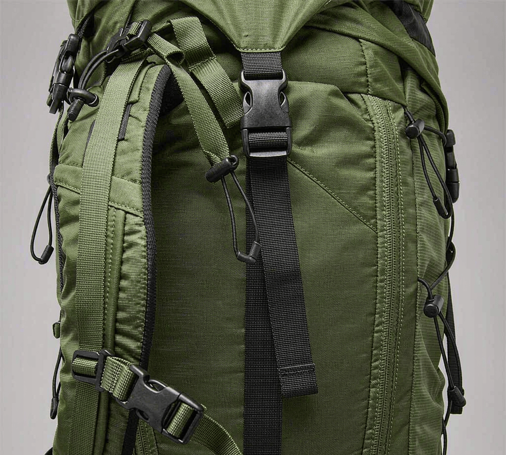 Close-up of a backpack shoulder strap area showing load lifter straps and adjustment buckles