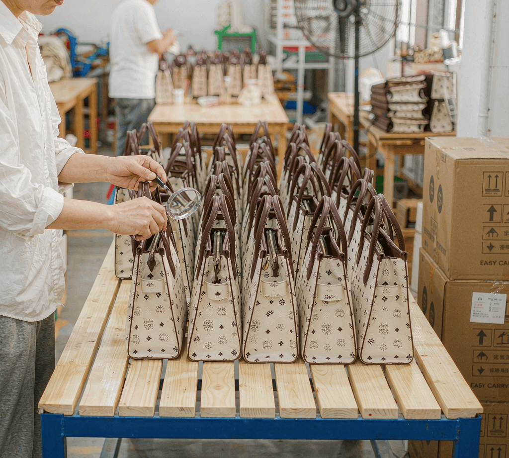 Factory quality inspection of custom tote bags on an inspection table